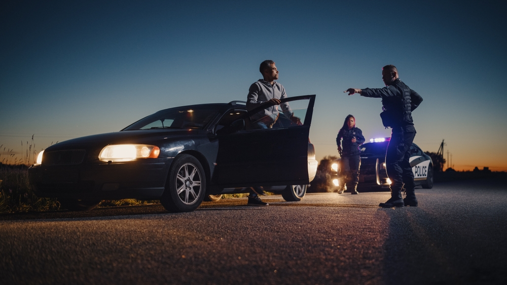 A police officer talks to a man standing next to his stopped car at night, with another officer