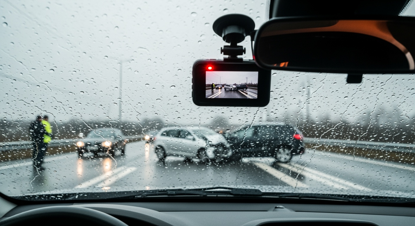 A car's dashcam records a two-car accident on a wet road during the rain.